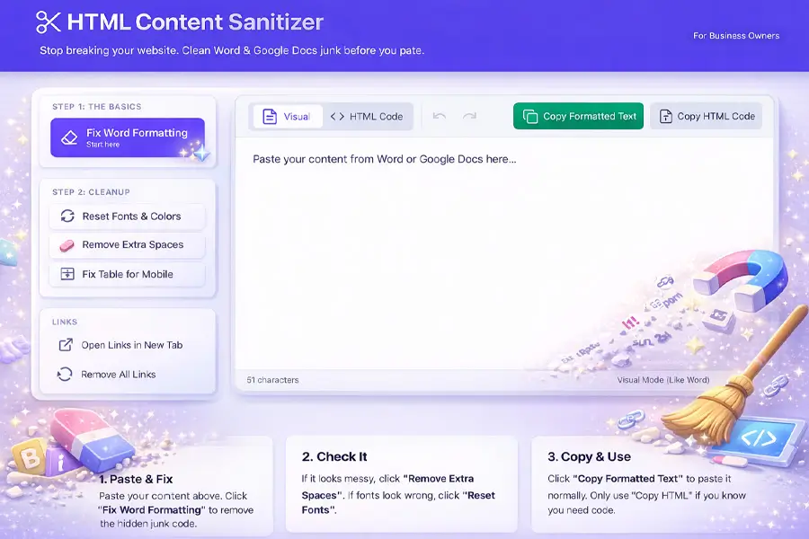 HTML Content Sanitizer HTML Content Sanitizer Clean messy HTML copied from emails, websites, or editors. Strip unwanted tags and keep only clean, usable content.