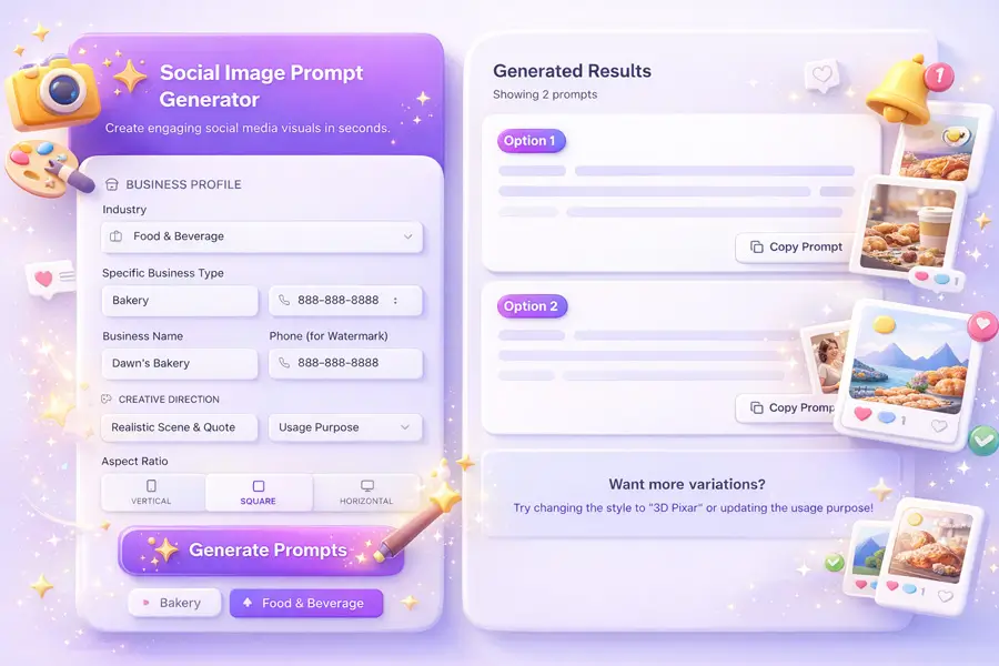 Image Prompt Generator Create ready-to-use image prompts designed specifically for local promotions, offers, and announcements. Perfect for generating eye-catching visuals in any AI image tool without guesswork.