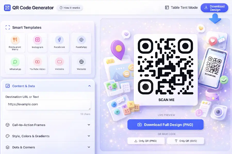 QR Code Generator Create beautiful QR codes with themed designs for menus, promotions, reviews, or contact info. Download instantly and use them online or in print without technical setup.