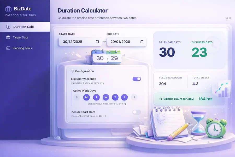 bizdateapp Business Date Calculator Calculate important business dates like deadlines, promo durations, warranties, and reminders. Quickly see exact date differences without manual counting.